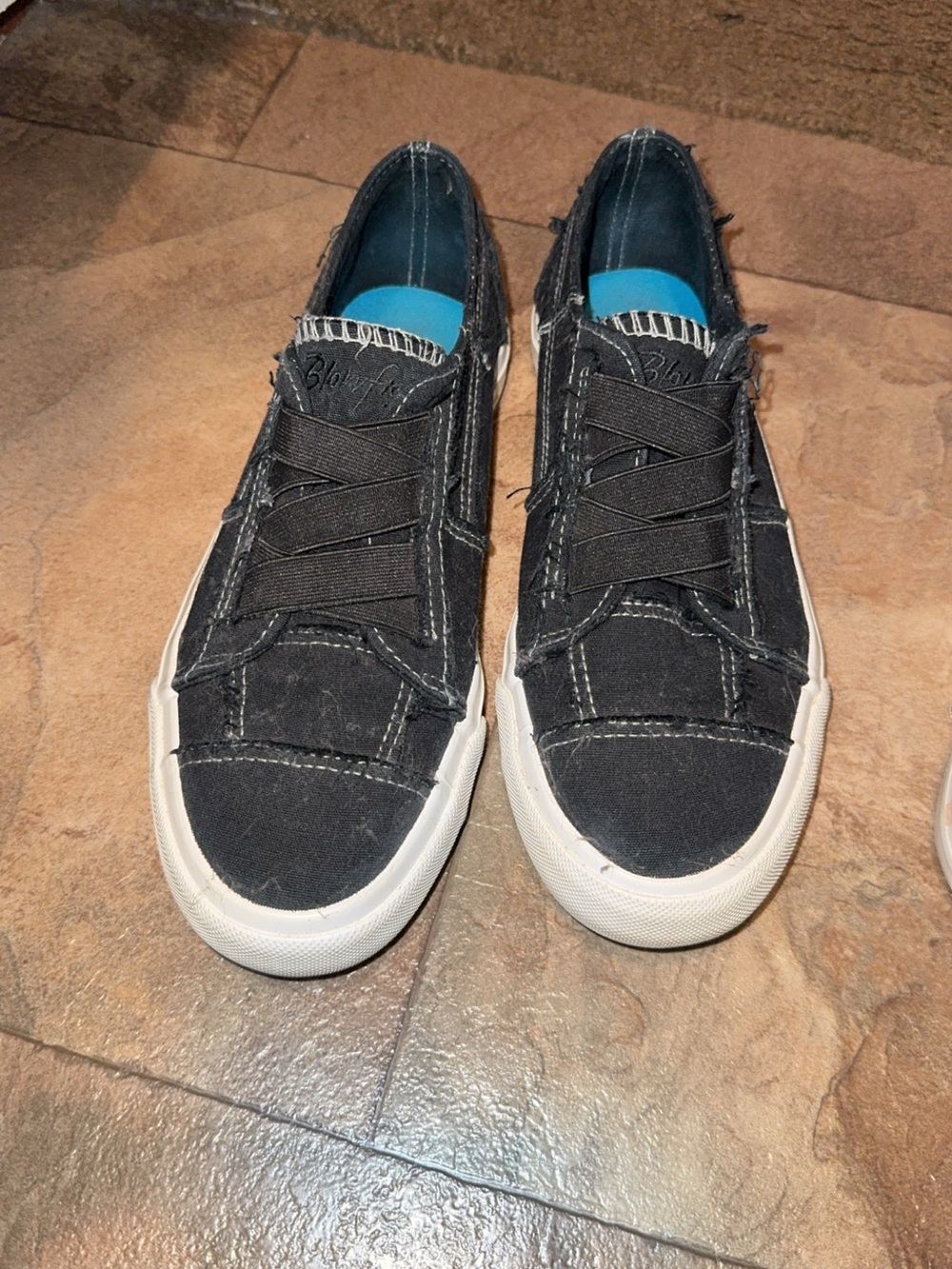 Blowfish Black Canvas Slip-On Sneakers with White Sole and Blue Insole